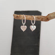 Load image into Gallery viewer, heart shaped freshwater pearl on sterling silver hoop earrings
