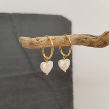 Load image into Gallery viewer, heart shaped freshwater pearl on gold plated sterling silver hoop earrings
