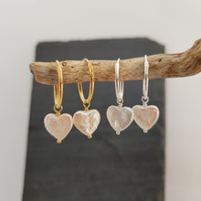 Load image into Gallery viewer, heart shaped freshwater pearl on gold plated and sterling silver hoop earrings
