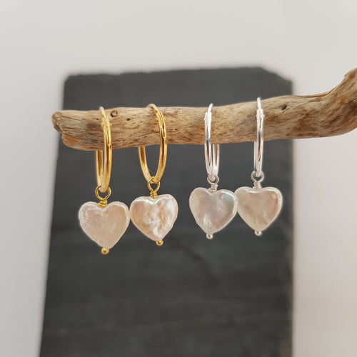 heart shaped freshwater pearl on gold plated and sterling silver hoop earrings