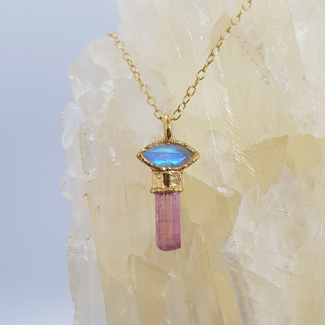 pink tourmaline moonstone pendant gold necklace