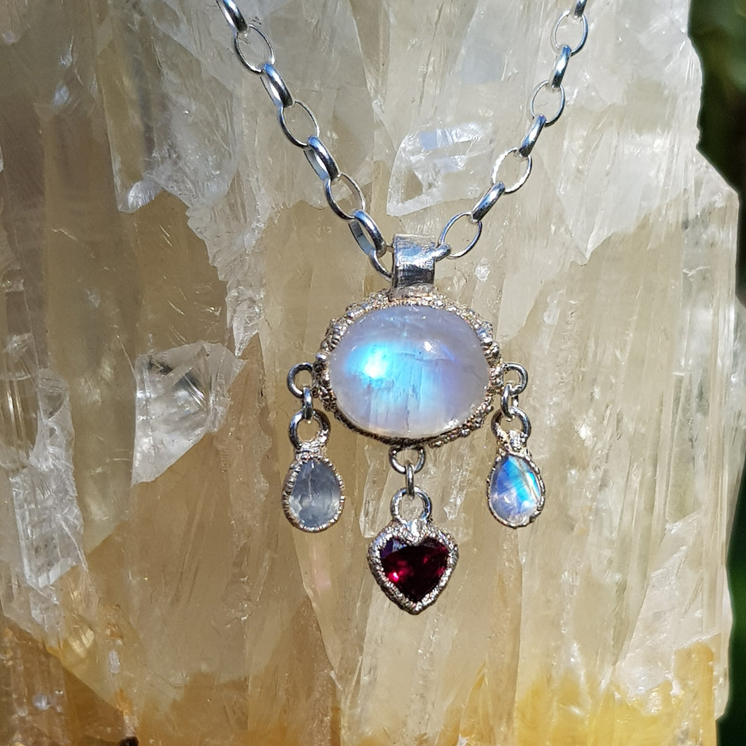 moonstone and rhodolite garnet heart necklace