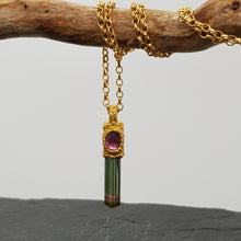 Load image into Gallery viewer, Unique Watermelon Tourmaline Gold Plated Silver Necklace
