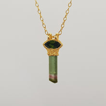 Load image into Gallery viewer, green tourmaline pencil-shaped necklace on 9 ct gold chain
