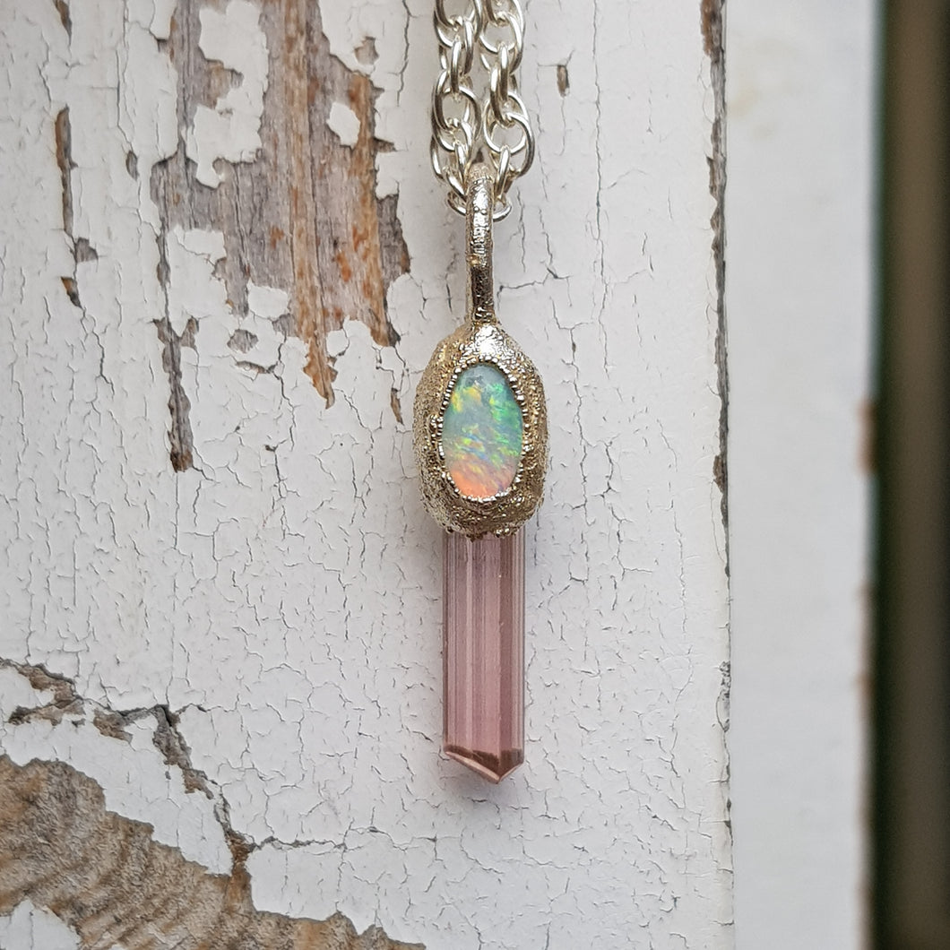 Unique Pink Tourmaline and Opal Silver Necklace