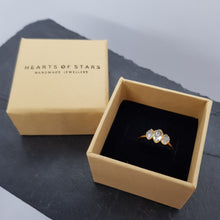 Load image into Gallery viewer, hearts of stars responsibly sourced jewellery ring box packaging showing triple Herkimer diamond ring
