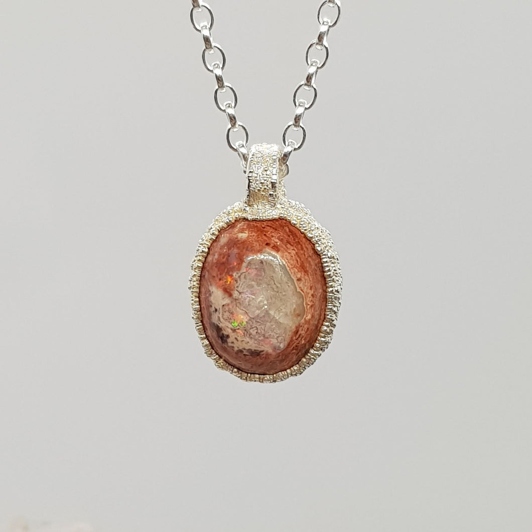Mexican boulder opal raw textured silver pebble pendant necklace