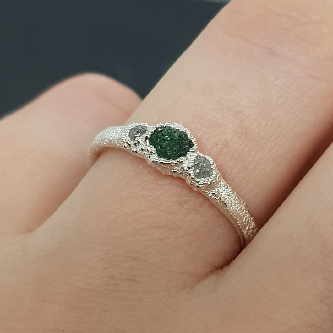 raw emerald and diamond silver ring