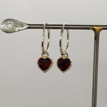 Load image into Gallery viewer, Garnet Heart Sterling Silver Hoop Earrings
