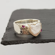 Load image into Gallery viewer, heart shaped pearl and ruby ring displayed on black slate, stunning engagement ring or birthstone ring for July

