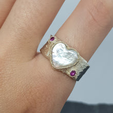 Load image into Gallery viewer, heart shaped pearl and ruby ring modelled on hand, stunning engagement ring or birthstone ring for July
