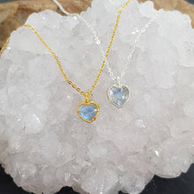 Load image into Gallery viewer, electroformed moonstone heart necklaces in silver and gold
