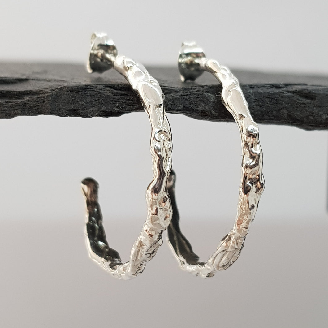 molten textured sterling silver hoop earrings