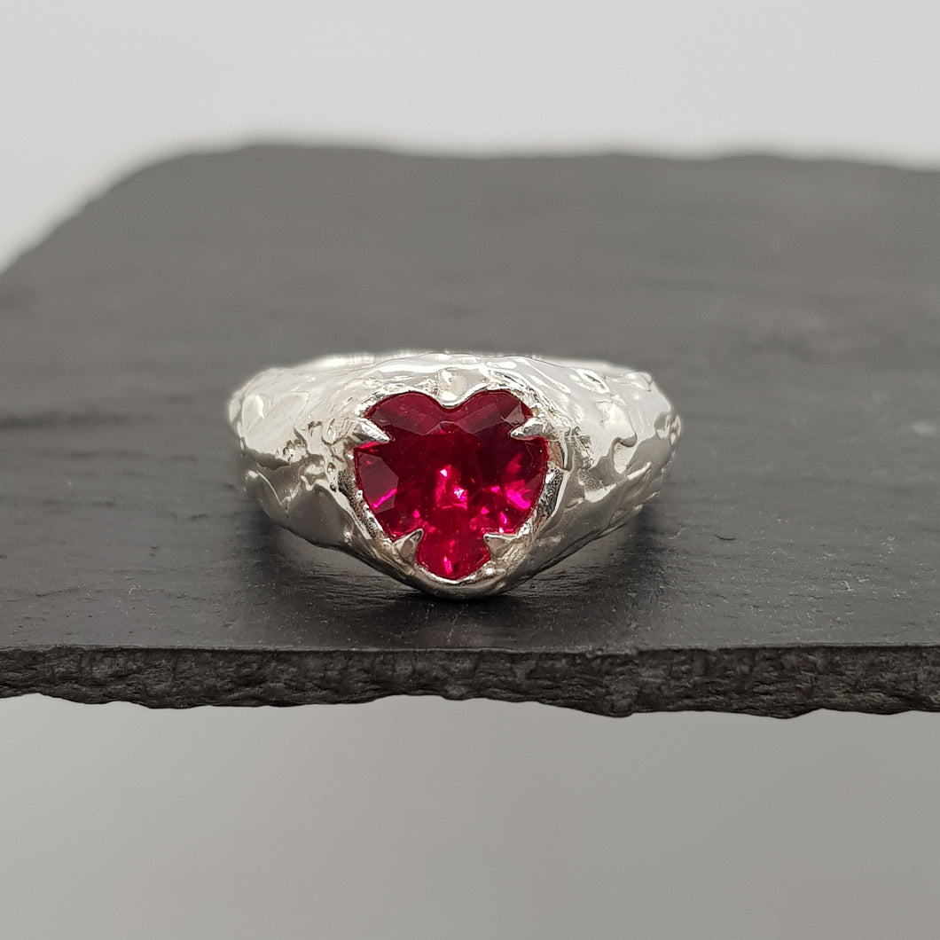 molten ruby heart silver ring