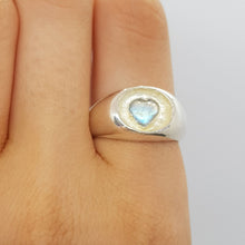 Load image into Gallery viewer, moonstone heart sunken silver signet ring on finger
