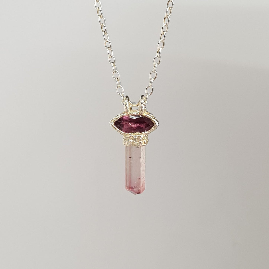 raw pink tourmaline silver amulet necklace