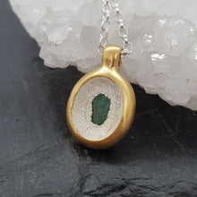 Load image into Gallery viewer, raw emerald sunken pendant necklace in gold and silver
