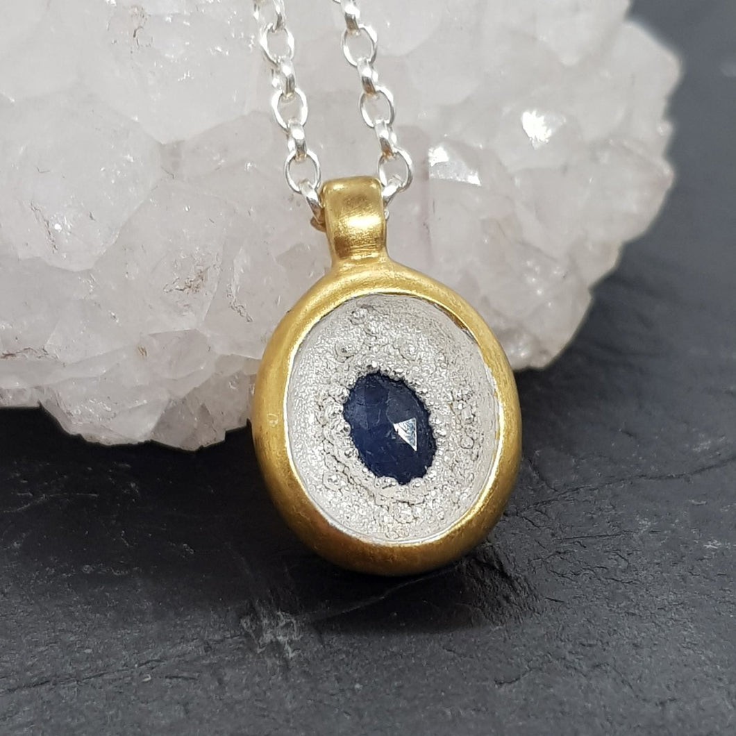 rose cut blue sapphire gold and silver necklace