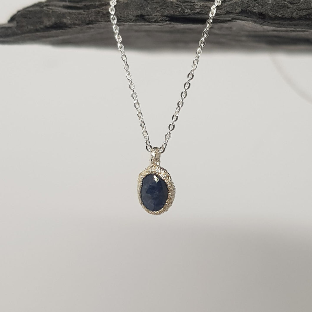 rose cut blue sapphire raw silver necklace