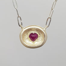 Load image into Gallery viewer, ruby heart silver textured sunken signet necklace

