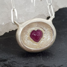 Load image into Gallery viewer, ruby heart silver textured sunken signet necklace
