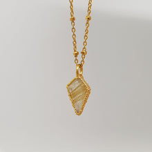 Load image into Gallery viewer, rutilated quartz rough diamond-shaped necklace set in 24ct gold with 45cm chain, handmade in the UK
