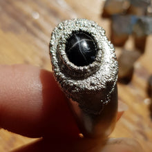 Load image into Gallery viewer, one of a kind black star diopside raw silver signet ring
