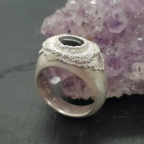one of a kind black star diopside raw silver signet ring