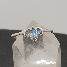 Load image into Gallery viewer, triple marquise moonstone silver ring, handmade in the UK, displayed on crystal
